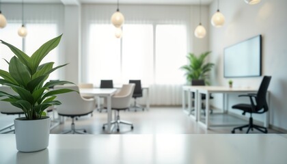 Fototapeta premium Empty modern office interior with blurred background. Light airy room. Furnished with tables, chairs. Large windows bring in natural light. Suitable for business meetings conversations. Clean design