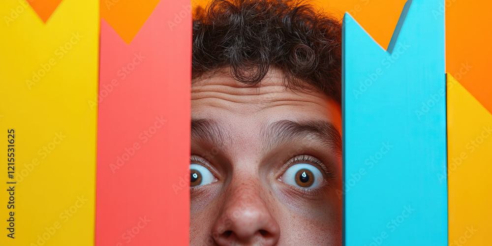 Poster close-up of a person's face partially hidden behind colorful rectangles