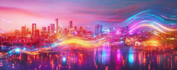 Obraz premium Vibrant neon cityscape with dynamic light trails at dusk