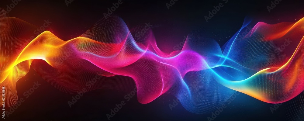 Poster vibrant multicolored light waves in dynamic motion against a dark background