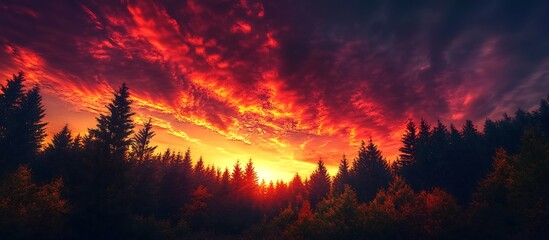 A dramatic autumn sunset, where the sky bursts with rich colors of red, orange, and purple, while clouds swirl in incredible patterns. 