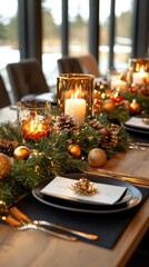 Fototapeta premium Delightful holiday table display with candlelight and decorations cozy indoor setting close-up view festive concept