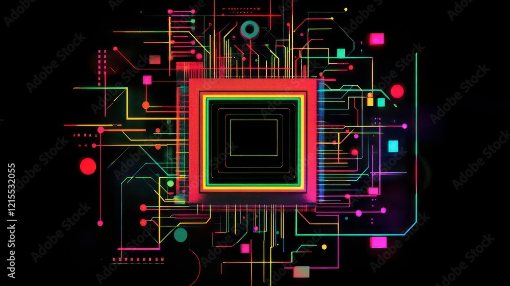 Poster an abstract cpu chip glowing with vibrant lines and dots.