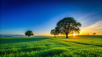 Obraz premium Silhouette of Trees on Green Grassland Under a Vivid Blue Sky - Stunning Nature Stock Photo
