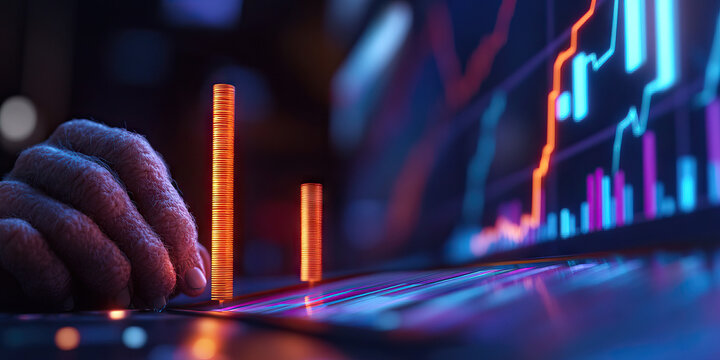 Hand Interacting with Illuminated Columns near Stock Market Data Display