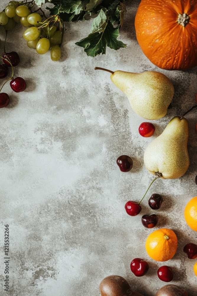 Poster flat lay composition of colorful fruits and vegetables creating a border on a textured kitchen count