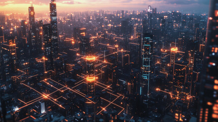 Fototapeta premium Smart digital Innovation city with connection network reciprocity over the twilight cityscape. of future smart wireless digital city and social media networking systems that connects people with city