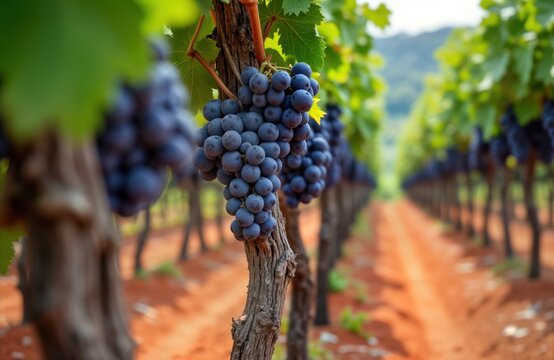 Ripe dark purple grapes grow on vines in vineyard. Rows of grapevines stretch into distance. Soil rich terracotta. Image shows sunny day, suggests harvest time in French vineyard of Provence. Focus