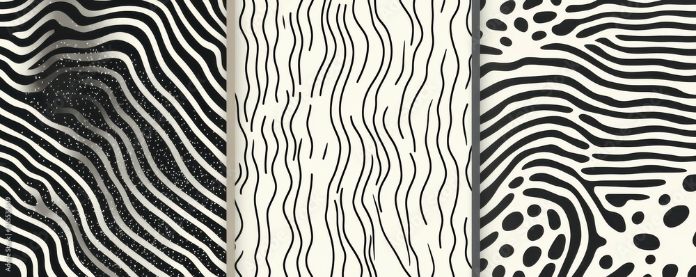 Poster black and white abstract patterns with curved lines and dots