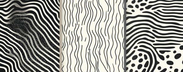 Black and white abstract patterns with curved lines and dots