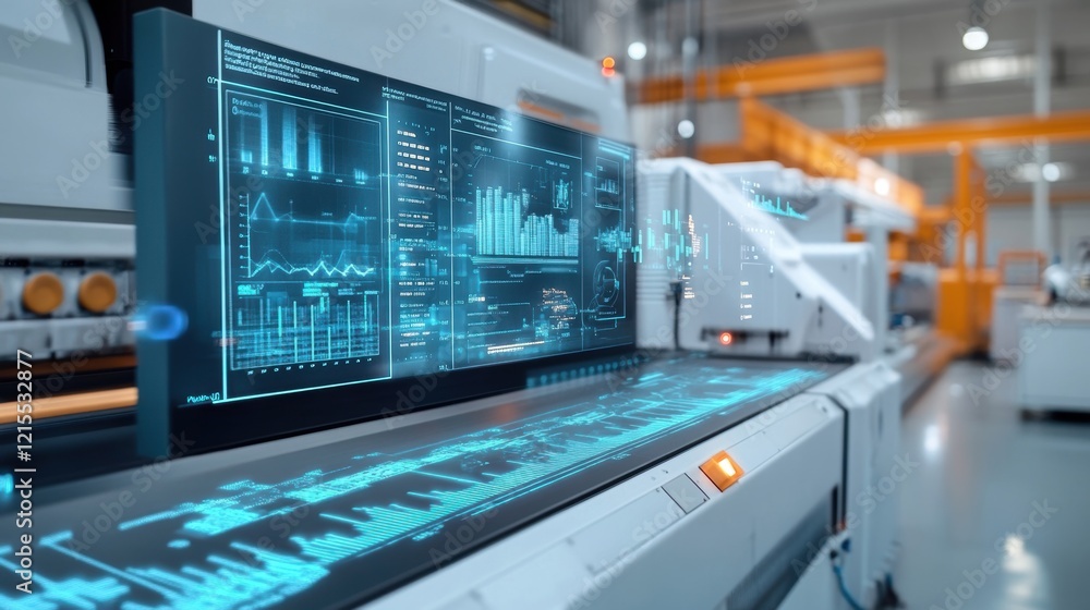 Poster futuristic control panel displaying various graphs and data, monitoring the automated production lin