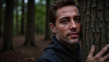 Cautious young man observing his surroundings while hiding behind a tree in a forest