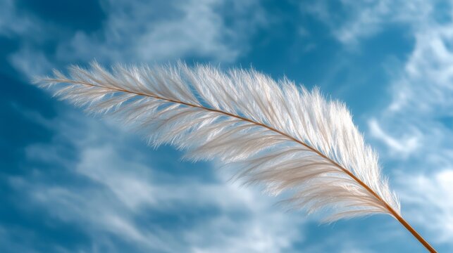 Fototapeta A single feather floats gracefully against a bright, clear sky, symbolizing freedom and lightness.
