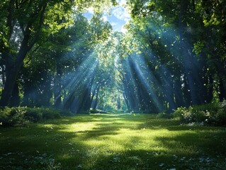 Obraz premium Dreamy emerald green foliage shimmers beneath tree canopy in a wide shot nature landscape enchanting view of depth