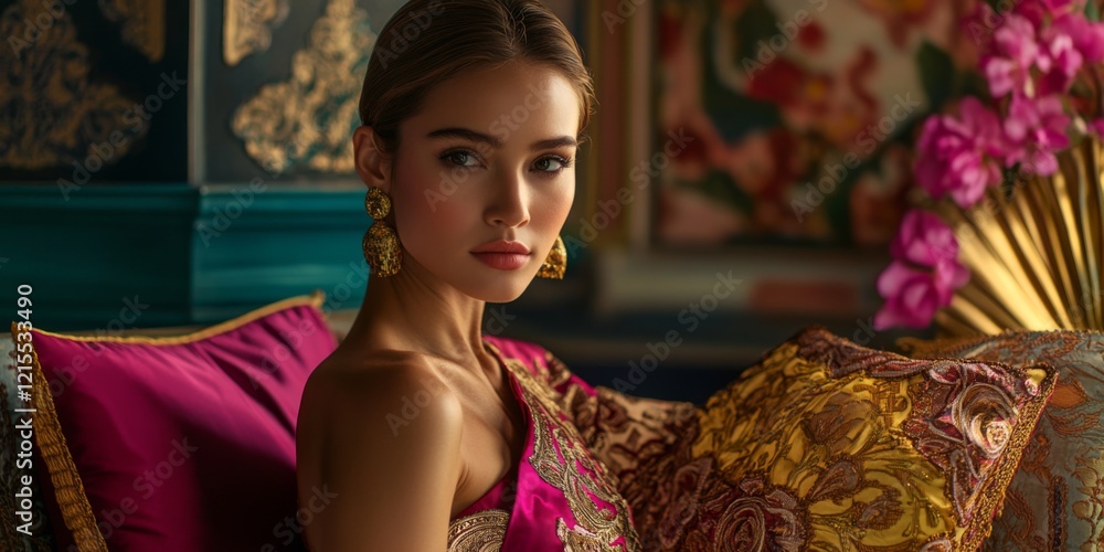 Poster a beautiful woman with elegant features sits on a vibrant couch. the rich colors and intricate patte