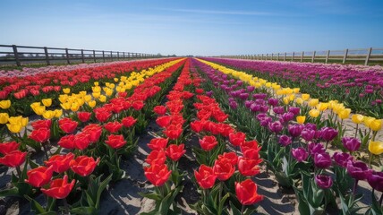 Vibrant fields of tulips showcasing a stunning array of colors, featuring rows of red, yellow, and purple flowers under a clear blue sky.