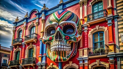 Obraz premium Skull-Shaped Building Facade, National Flag Colors, Architectural Detail