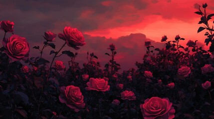 Red roses blooming in a garden during a vibrant sunset, creating a romantic and visually stunning scenery