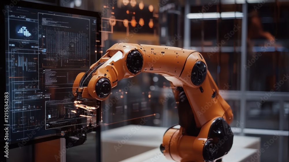 Poster advanced robotic arm manipulating a futuristic computer screen filled with complex data, charts, and