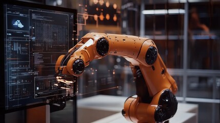 Advanced robotic arm manipulating a futuristic computer screen filled with complex data, charts, and code, highlighting automation and innovation in a high tech lab