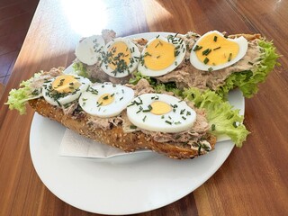 Open-faced tuna sandwich with boiled egg and lettuce on whole grain bread