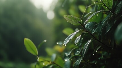 Obraz premium Dew-kissed leaves glisten in soft morning light, epitomizing the quiet beauty of a forest awakening after a gentle rain.