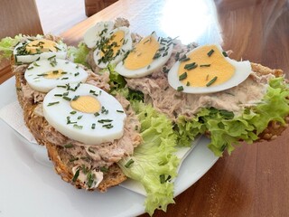 Tuna salad open sandwich with sliced eggs and lettuce on whole grain bread