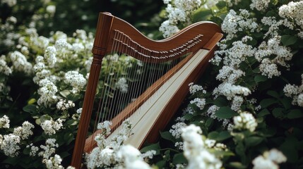 A harp nestled among white blossoms in a lush garden, epitomizing harmony between art and nature.