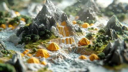 Miniature Mountain Campsite with Waterfall and Tents