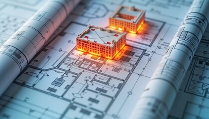 Architectural blueprints showcase fire protection plans for building. Detailed plans show fire alarm systems, sprinkler locations. Model building sits atop blueprints construction plans. Building