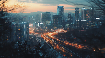 Fototapeta premium Smart digital Innovation city with connection network reciprocity over the twilight cityscape. of future smart wireless digital city and social media networking systems that connects people with city