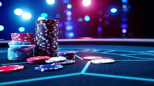 A vibrant poker table stacked with colorful chips and high-value cards, illuminated by dramatic casino lighting, symbolizing poker success.
