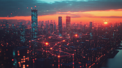 Obraz premium Smart digital Innovation city with connection network reciprocity over the twilight cityscape. of future smart wireless digital city and social media networking systems that connects people with city