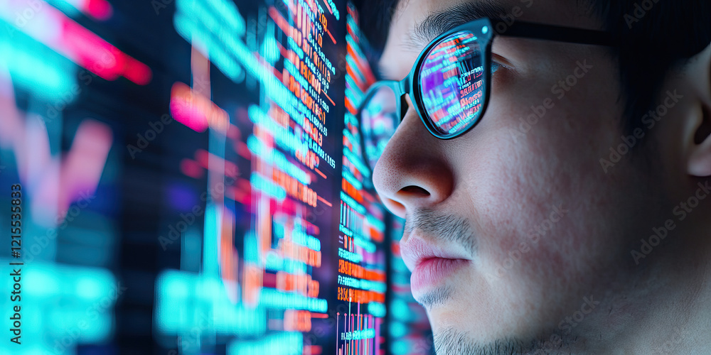 Poster person viewing computer screen displaying code