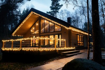 Twinkling christmas lights illuminate cozy house winter evening photography serene environment warm viewpoint holiday spirit