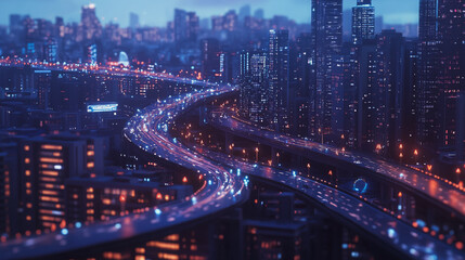 Obraz premium Smart digital Innovation city with connection network reciprocity over the twilight cityscape. of future smart wireless digital city and social media networking systems that connects people with city