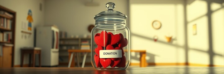 Donation Jar Filled with Red Hearts Evoking Love and Generosity in a Bright Room with Soft Shadows and Cozy Decor