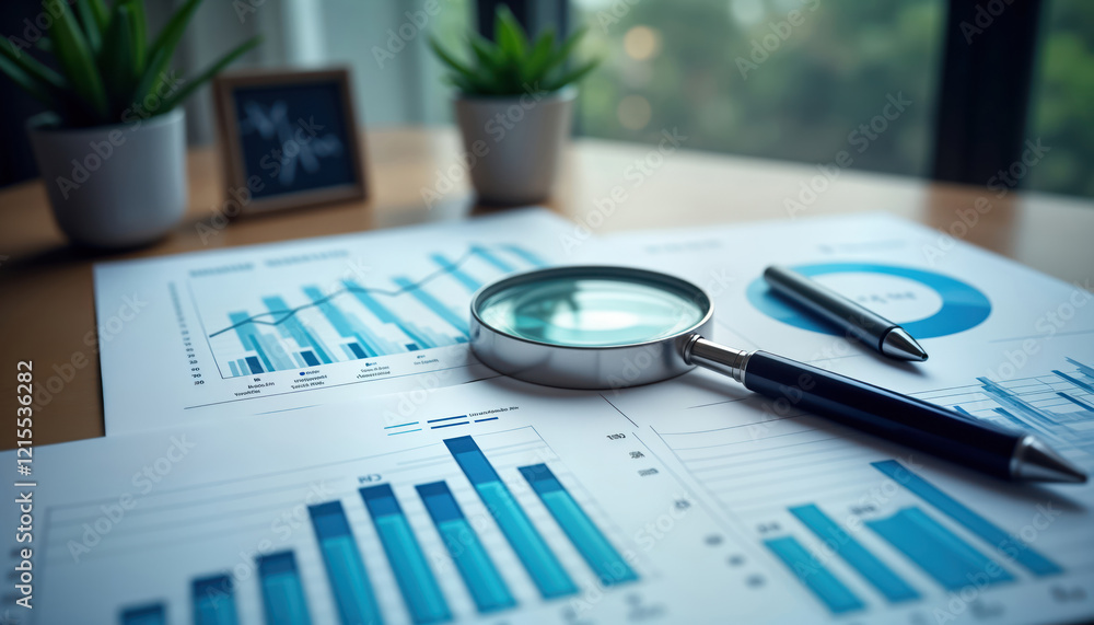 Poster business documents with charts, graphs on table. magnifying glass on documents focusing on details. 