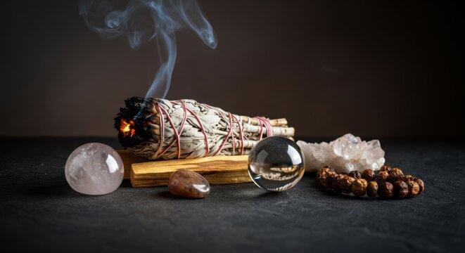 Smoldering white sage bundle on palo santo wood with healing crystals and rudraksha beads, creating a mystical atmosphere for a cleansing ritual