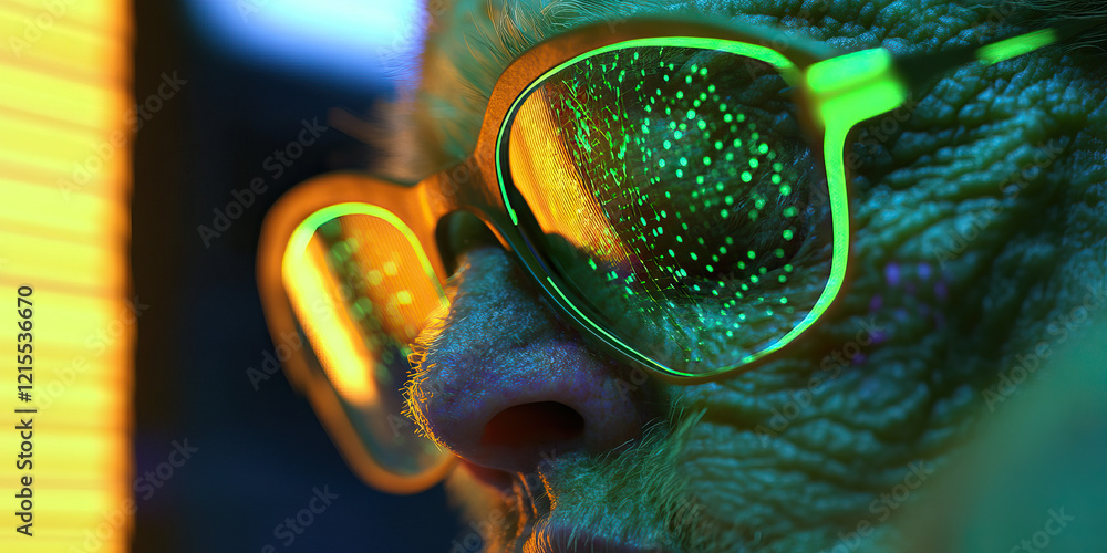 Poster close-up of a face with glasses reflecting data points