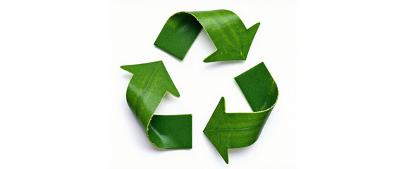 Obraz premium Green leaves shaped as recycling arrows symbolizing sustainability and eco-friendliness against a white background