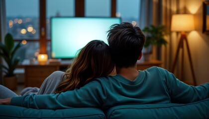 Fototapeta na wymiar Couple cuddles on sofa watching TV in cozy living room. City view from windows shows relaxed evening together. Intimate moments of comfort and love. Romantic home scene.