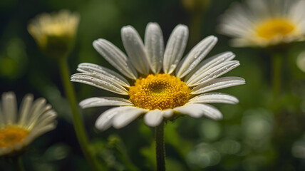 Obraz premium a delicate white daisy flower with a bright yellow center, standing out against a lush green backdrop, capturing the beauty of nature's simple elegance 