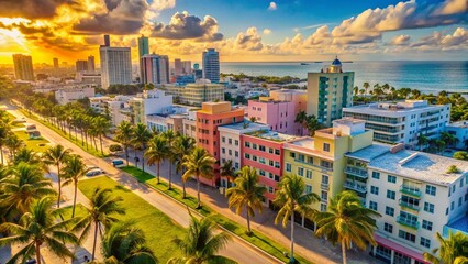 Fototapeta premium South Beach Art Deco Architecture: Aerial Drone View of Pastel-Colored Buildings, Miami Beach
