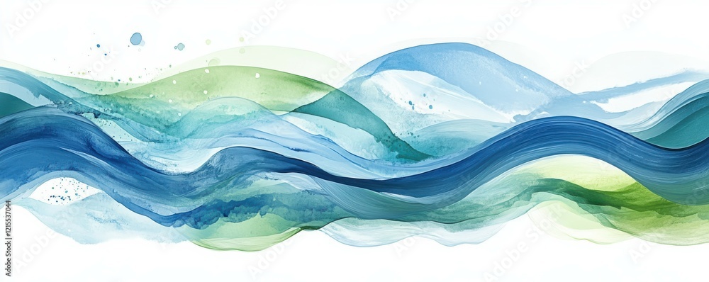 Poster abstract blue and green watercolor waves with dynamic flowing patterns