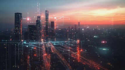 Fototapeta premium Smart digital Innovation city with connection network reciprocity over the twilight cityscape. of future smart wireless digital city and social media networking systems that connects people with city