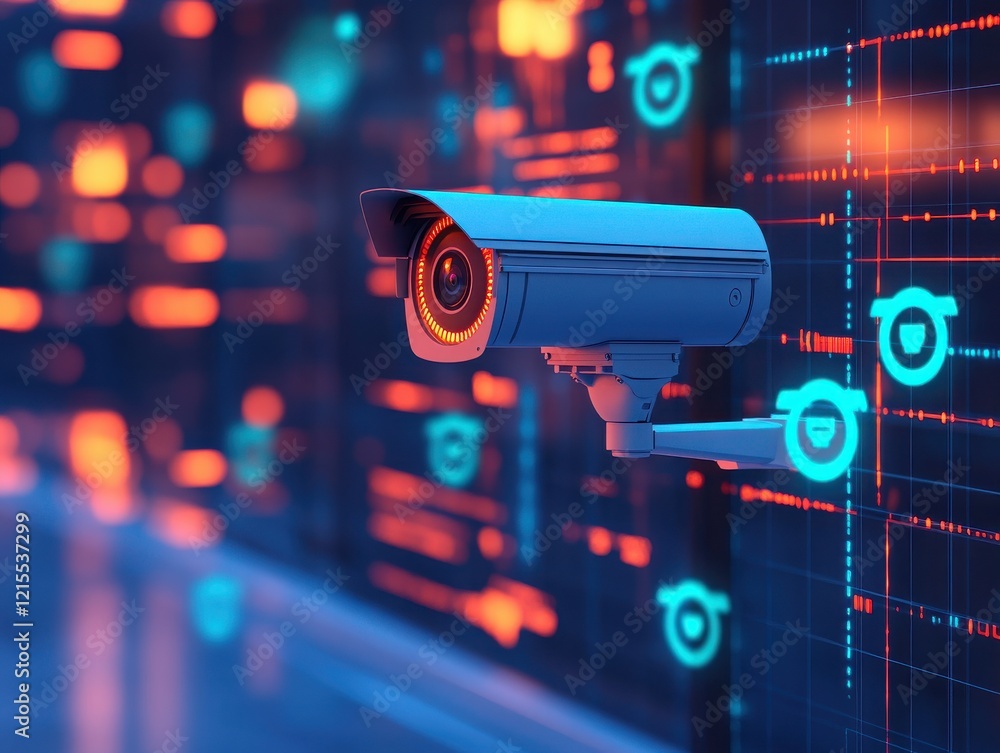 Poster a modern security camera against a backdrop of vibrant digital patterns, representing innovation and