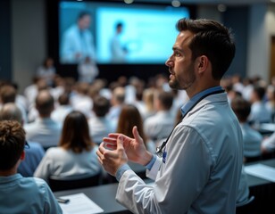 Medical pro leads seminar in convention hall. Many people listen attentively to presentation. Large group attends meeting. Doctor explains health care information. Attendees focused on lecture.