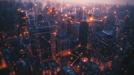Fototapeta premium Smart digital Innovation city with connection network reciprocity over the twilight cityscape. of future smart wireless digital city and social media networking systems that connects people with city