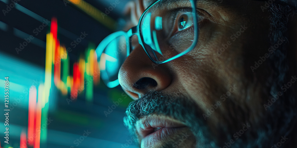 Poster man viewing financial data on screen